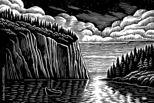 Nordic fjord merging into the sea, with cliff, boat, pine forests, and clouds illustrated in elegant black and white line art illustration for nature and travel use