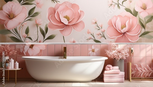 Wallpaper Mural modern interior design bathroom with floral pink and cream tiles seamless luxurious background Torontodigital.ca