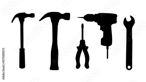 Construction Tool Silhouettes PNG – Hammer, Saw, Drill, Wrench, Tape Measure – Transparent Background Icons