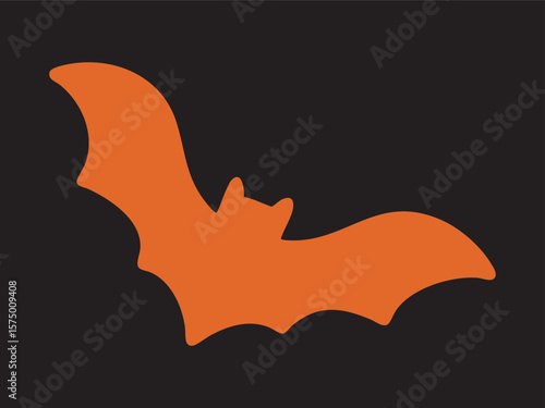 Orange silhouette of bat with wings outstretched, isolated on black background, graphic illustration. concept of halloween, nocturnal creature, spooky icon, logo, design element