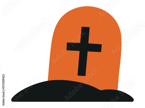 Black and orange grave icon featuring cross, isolated on white background, graphic illustration. concept of Halloween, cemetery, memorial, christianity symbol, design element