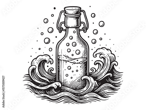 Black sketch of vintage glass bottle afloat in ocean waves with bubbles, isolated on white background, graphic illustration. concept of message in a bottle, sea adventure, mystery, design element