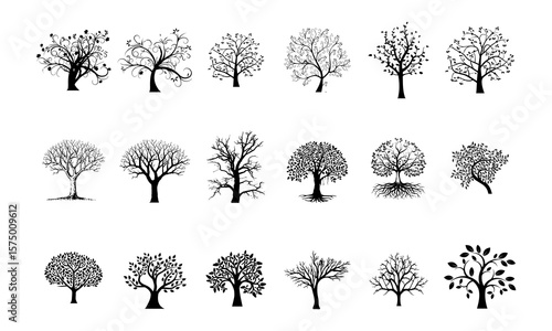 Winter tree silhouette collection. silhouette tree line drawing set, Side view, set of graphics trees elements outline symbol for architecture and landscape design drawing. tree Vector illustration.