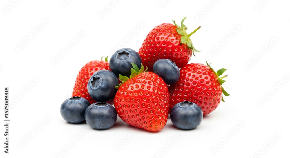 Fresh mix of ripe strawberries and juicy blueberries in a pile, a close-up shot isolated on a white background
Fresh mix of ripe strawberries and juicy blueberries in a pile, a close-up shot isolated on a white background
