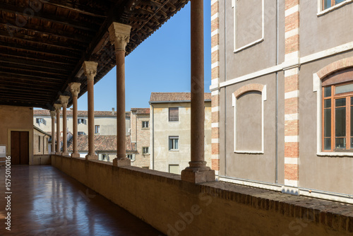 View of the Loggia dei Carraresi, a prominent architectural feature of the Reggia Carrarese in Padua, Italy, showcasing its columns.