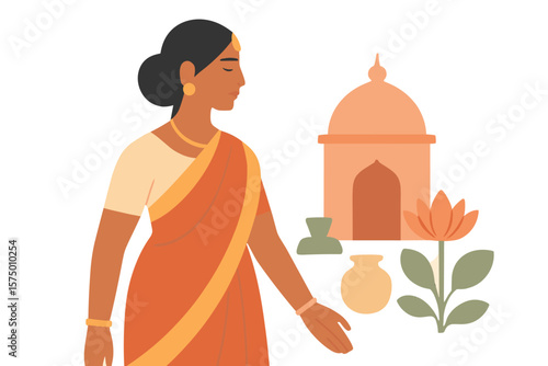 Traditional indian culture: woman in sari with temple and lotus elements