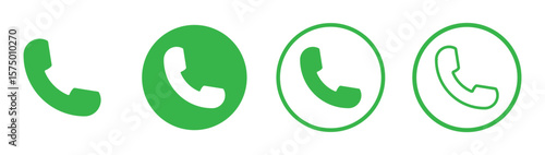 Vector phone icon set. Green Phone icon button. Green Phone icon in flat style. Green Calling  icon collection. Call sign. Ringing phone icon set. Telephone call sign. 