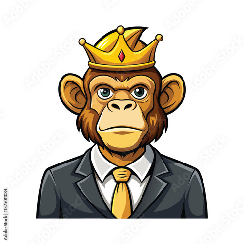 Funny Monkey CEO Vector – Business Monkey Wearing Banana Crown – Corporate Office Humor Illustration – Cartoon Style Animal Boss Character for T-Shirt, Poster, and Merchandise