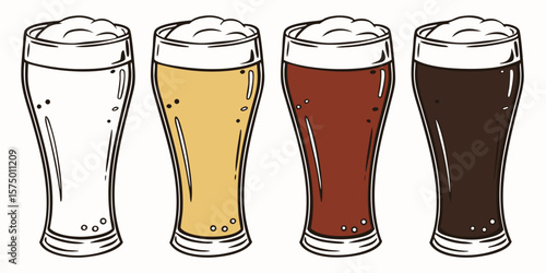 beer glasses pilsner weizen lager ale amber stout porter foamy head brewing varieties isolated on white background.
