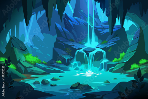 Enchanted Waterfall Cave A Mystical Deep Blue Grotto Illustration