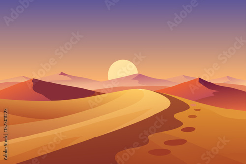 Sunset Desert Landscape Serene Dunes, Winding Road, and Footprints in the Sand