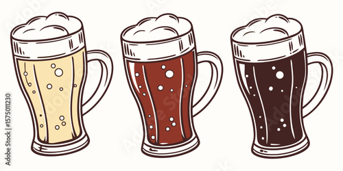 illustrated set of three beer mugs with different beer types isolated on white background.