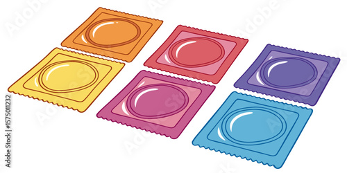 colorful individually packaged condoms in a grid arrangement isolated on white background.