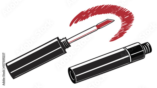 illustration of red liquid lipstick with applicator and smear isolated on white background.