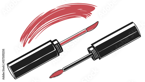 red lipstick lip gloss applicator wand black tube cosmetic makeup beauty product isolated on white background.
