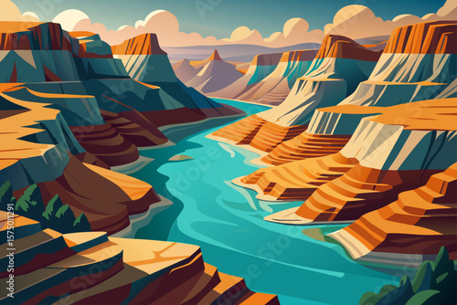 Majestic Canyon River Landscape A Vibrant Artistic Illustration