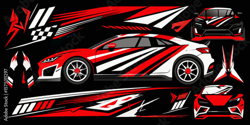 striking red and white car wrap design kit for vehicle customization isolated on a black background