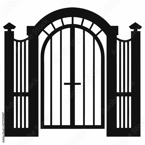Elegant arched black metal gate with decorative vertical bars and finials silhouette isolated on white background