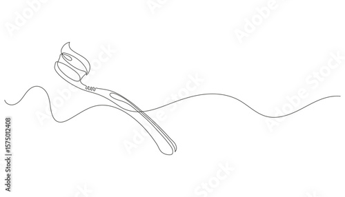 Toothbrush with toothpaste. Single continuous line drawing. Oral hygiene, dental care concept. Minimalist vector illustration. Editable stroke, isolated on white.