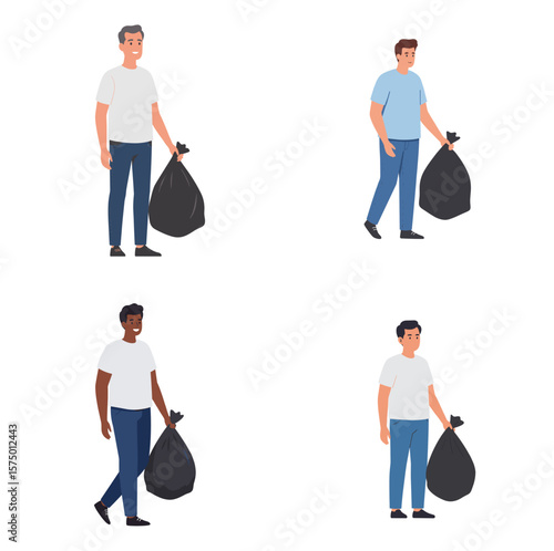 Young man taking out trash while walking in casual clothing, vector, set, white background   