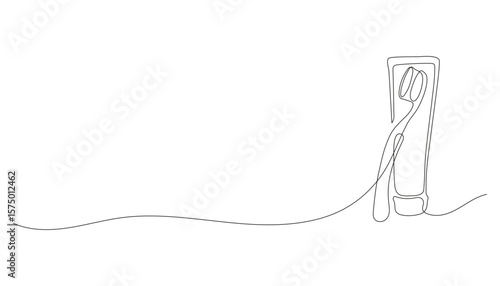 Minimalist one line drawing of a toothbrush and toothpaste. Continuous line vector illustration of oral care tools. Clean design for dental hygiene and bathroom themes.