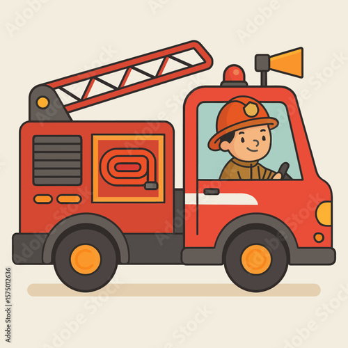 Cute Fire Truck with Smiling Firefighter Character