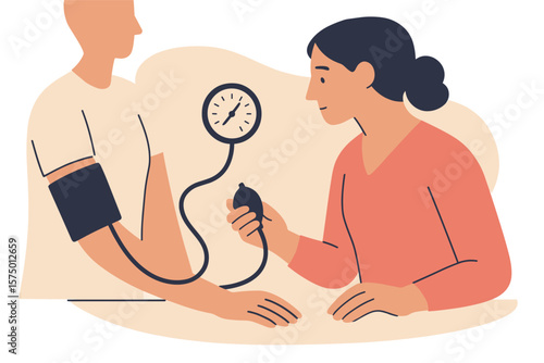 Nurse checking blood pressure of patient in minimalist flat design