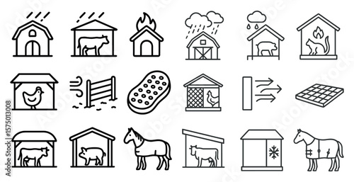 Series of farmhouse icons including a barn, a chicken coop, a horse stable, and a dog house