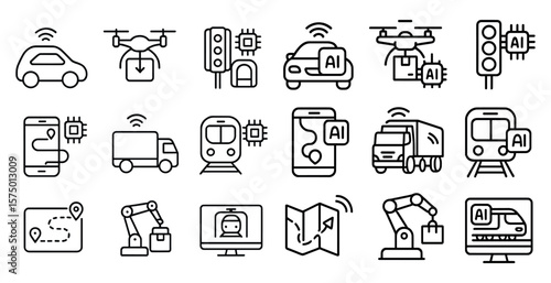 Series of icons depicting various modes of transportation and technology. The icons include a car, a train, a truck, a robot, a cell phone, and a drone. Scene is one of progress and innovation