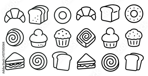 Collection of food items including sandwiches, donuts, and pastries. The image is in black and white and has a simple, clean look