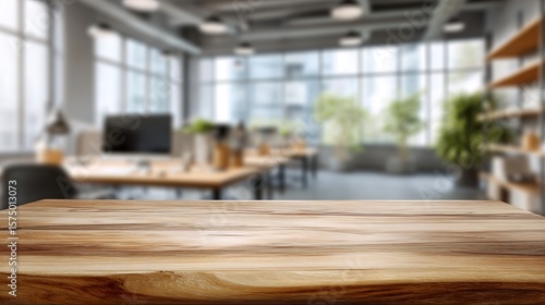 Wallpaper Mural Rustic wooden table top with blurred modern office interior as backdrop for product presentation, promotion and advertisement. Torontodigital.ca