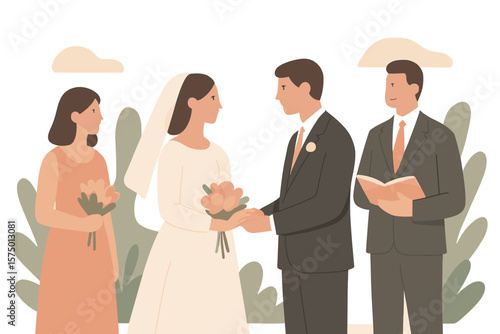 Minimalist wedding ceremony scene with bride, groom, bridesmaid, and officiant