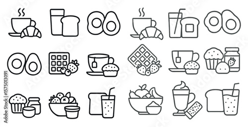 Collection of food and drink icons, such as coffee, tea, waffles, and muffins