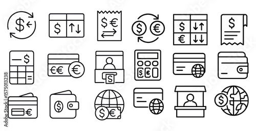 Set of icons for financial transactions. The icons include a wallet, a checkbook, a calculator, a cash register, and a receipt. Scene is that of a business or financial transaction