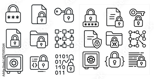 Set of icons for security and privacy. The icons include a padlock, a key, and a safe. Scene is serious and focused on the importance of protecting sensitive information