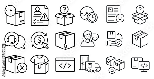 Set of icons for a shipping company. The icons include a woman holding a box, a woman talking on a phone, a woman giving a box to someone, a woman looking at a box, a woman looking at a computer