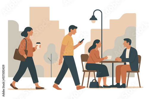 Urban life in flat design: people socializing and walking with city background
