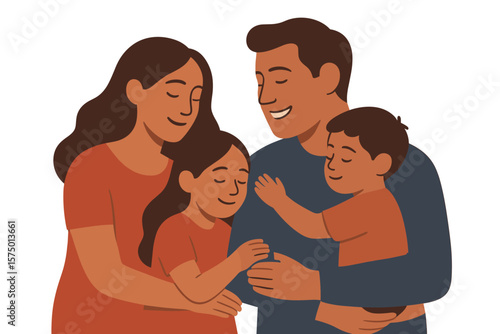 Happy family embracing in warm earth tones illustration