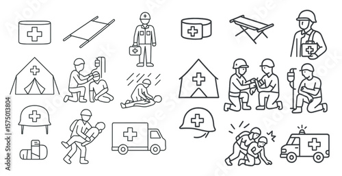Series of drawings of people in various medical situations, including a man in a white coat holding a clipboard and a man in a white hat holding a clipboard