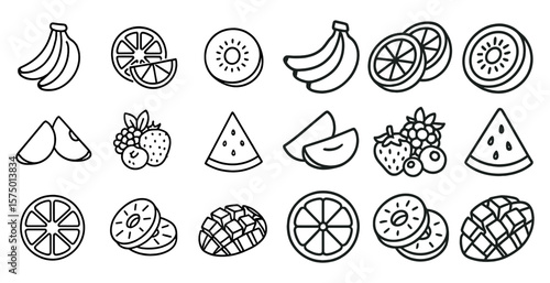 Series of fruit slices are shown in a black and white style. The fruits include bananas, oranges, and watermelon