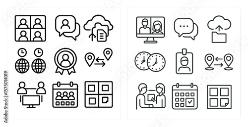 Set of icons for a calendar and a meeting room. The icons include a clock, a person, a chair, and a laptop. The icons are all in black and white and are arranged in a grid
