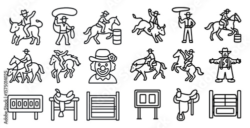 Collection of horse and cowboy icons. The icons include a clown, a cowboy, a man with a cowboy hat, and a man with a cowboy hat and a cowboy hat