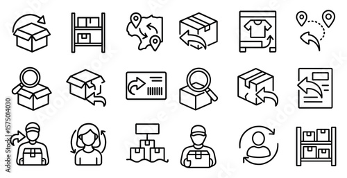 Set of icons for a delivery service. The icons include a person holding a package, a box, a truck, and a person looking through a box. The icons convey the idea of a delivery service