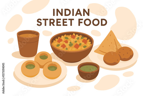 Flat design of popular indian street food dishes with samosas and pani puri