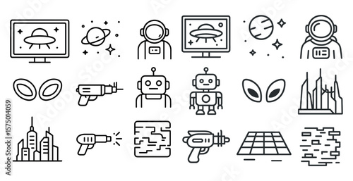 Collection of robot and space related icons. The icons include a robot, a space station, a spaceship, a planet, a city, a building, a gun, and a TV. The icons are all in black and white