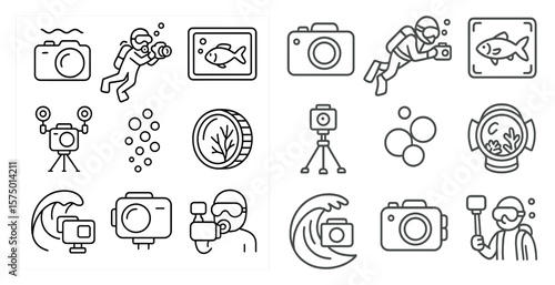 Set of images of people and objects related to photography and underwater exploration. The images include a man in a wetsuit holding a camera, a fish, a camera lens, a tripod