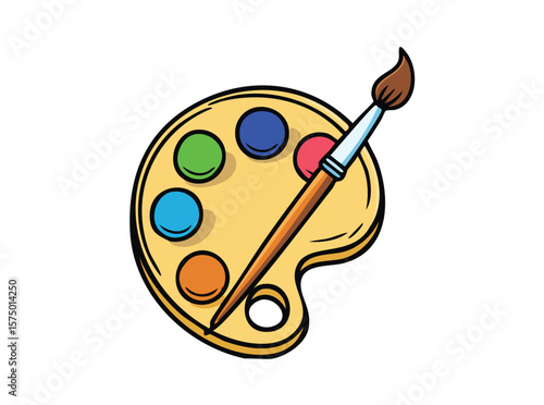 Cartoon illustration of an artist s palette with colorful paints and paintbrush