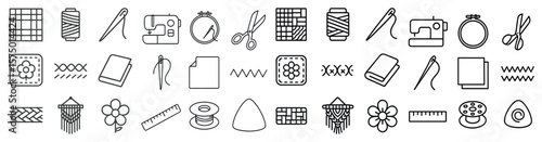 Collection of sewing and crafting tools are shown in a black and white image. The tools include scissors, needles, and other sewing equipment. Concept of creativity and craftsmanship