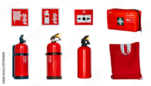 fire extinguisher, first aid kit, fire alarm button, safety sign and bag with fire extinguishing cloth isolated on white background