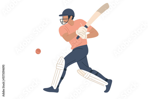 Cricket player batting action in minimalist style on white background